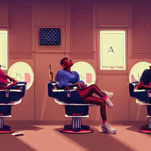 Image similar to illustration of nicki minaj sitting next to barack obama in a barbershop. symmetry, cinematic scene. ambient lighting, brownish colors, hyper detailed. octane render. concept art. trending on artstation.