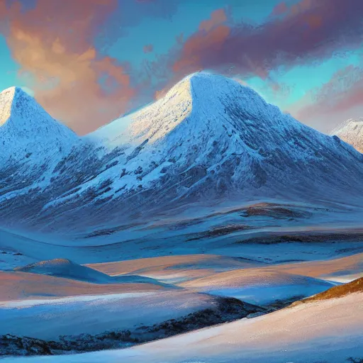 Image similar to A professional digital landscape painting of a vast wintery tundra with peaking mountains in the background, painted by Terese Nielsen, 4k, digital art, trending on cgsociety, highly detailed, upper body shot, shallow depth of field, purple and yellow lighting, professional lighting, airbrush,