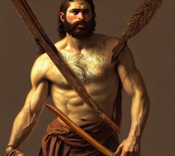 Image similar to renaissance painting full body portrait of a gruff ranger with a spear, lean and toned, handsome face, hairy chest and hairy body, D&D, intricate, elegant, highly detailed, digital painting, artstation, concept art, matte, sharp focus, chiaroscuro, well list, illustration, art by Artgerm and Greg Rutkowski and Alphonse Mucha