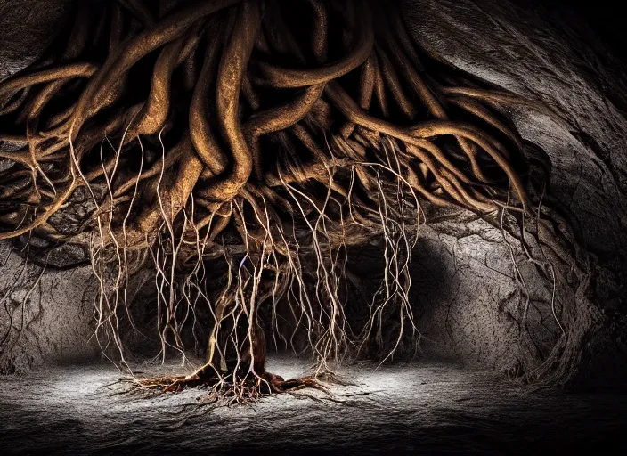 Image similar to photo of roots growing down from a ceiling in an underground cavern wrapped around a woman. Fantasy magic horror style. Highly detailed 8k. Intricate. Nikon d850 55mm. Award winning photography. Nekro