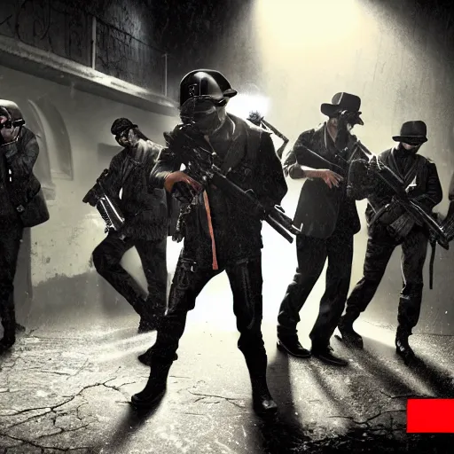 Prompt: 8 mafia members standing in a darkly lit alley way with tommy guns and bags of money on the floor, cinematic, dynamic lighting, cool, tactical, raining, photorealistic, stunning, detailed