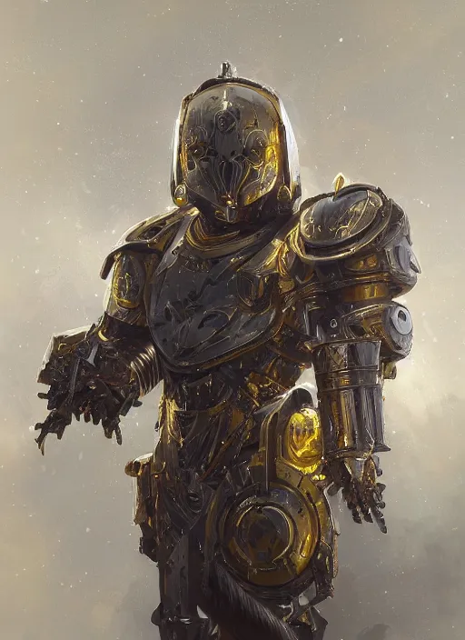 Image similar to dynamic abstract portrait of a intricate glorious holy mechanical warforged character in yellow armor holding a paladin engraved great longsword drawn and carrying a big paladin shield, spotlight from face , epic , trending on ArtStation, masterpiece, cinematic lighting, by Greg Rutkowski and by Ross Tran