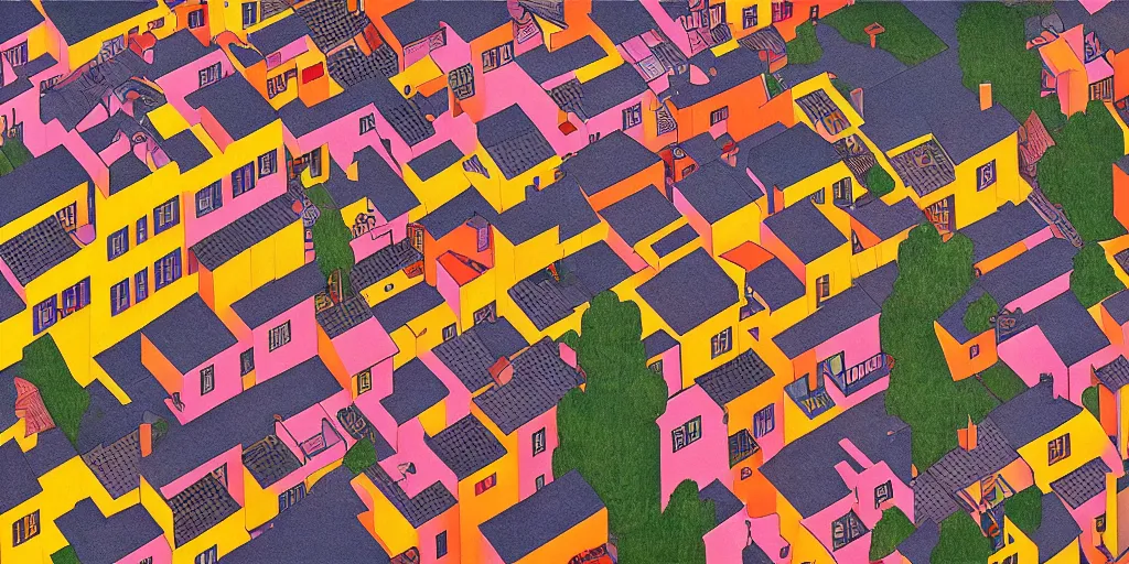 Prompt: colorful photograph of a busy and picturesque suburb designed by M. C. Escher at sunset, 4k resolution, surreal