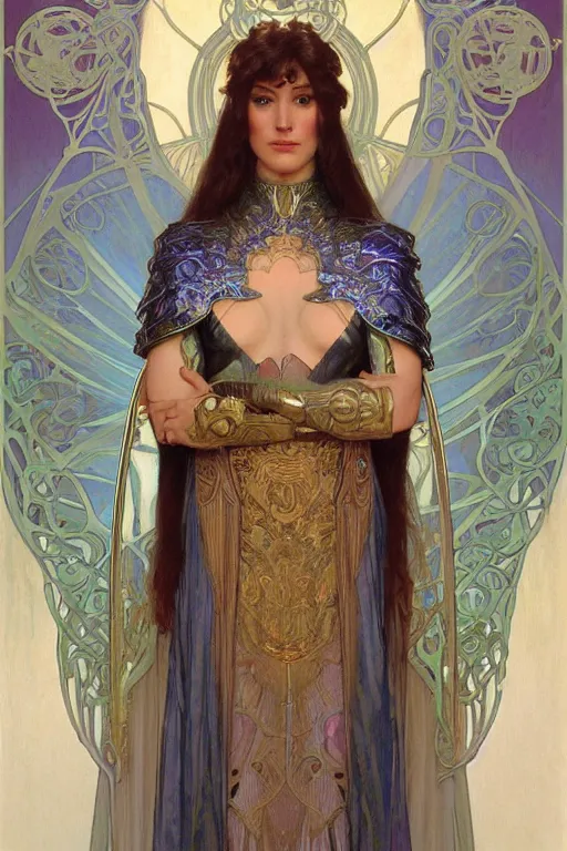 Prompt: a young woman wearing iridescent art nouveau armor symmetrical portrait, character concept art, art nouveau oilpainting, trending in artstation, cgsociety, by Donato Giancola, Alphonse Mucha, Artgerm and William Bouguereau