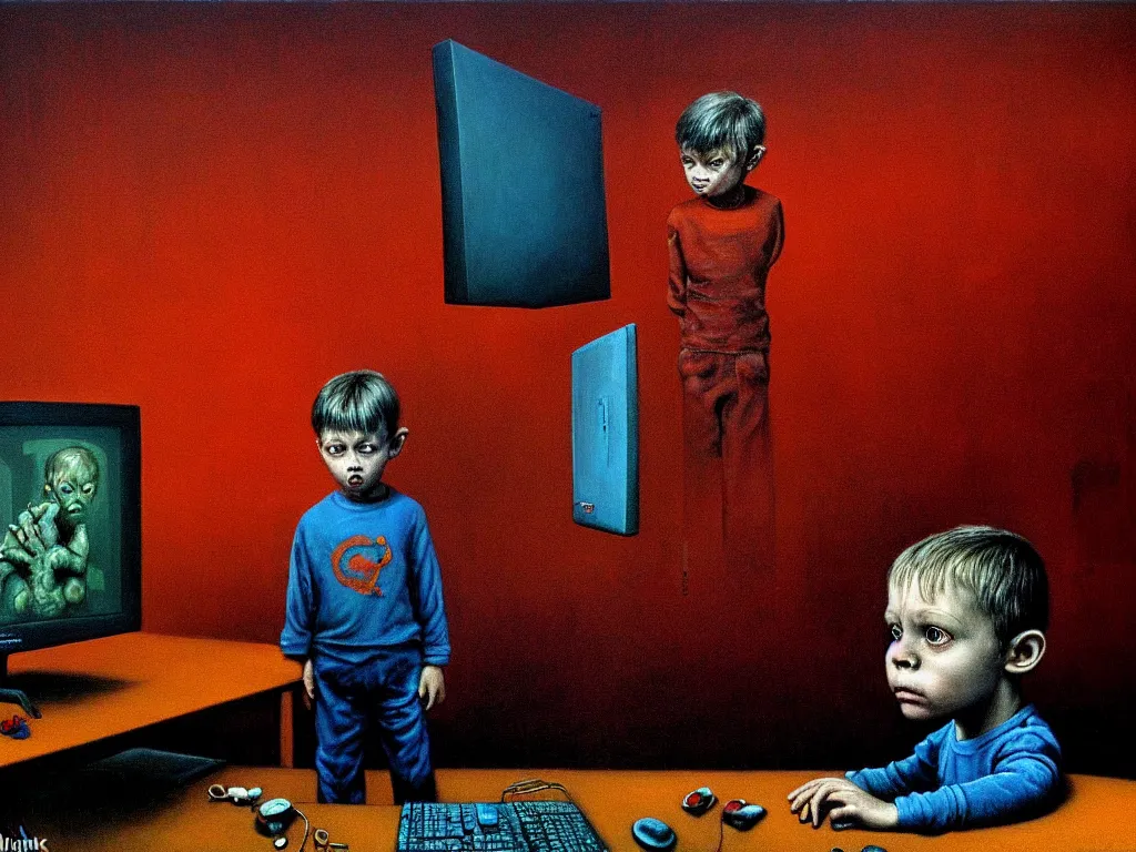 Image similar to realistic detailed color photo of a standing figure of a five years old boy in front of a PC computer monitor in an old dirty soviet apartment by and Mark Brooks, Neo-Gothic, gothic, rich deep colors. Beksinski painting, from a movie by David Cronenberg. masterpiece. realistic detailed image. Photographed with Leica Summilux-M 24 mm lens, ISO 100, f/8, Portra 400, kodak film, anamorphic lenses. high quality