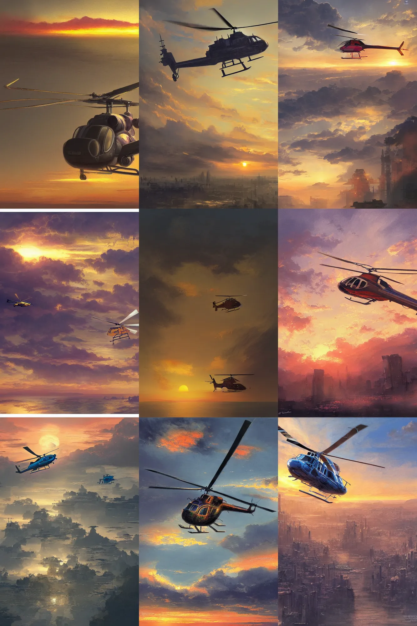 Prompt: a helicopter is flying around the empire buidling, sunset lighting, by yoshitaka amano, hiroshi yoshida, painterly, ultra detailed, sunset light, digital art, concept art, illustration