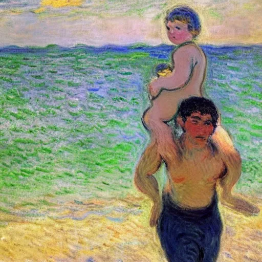 Image similar to a man carrying his child over his shoulders walking near the beach, anatomically correct, painting by monet, masterpiece