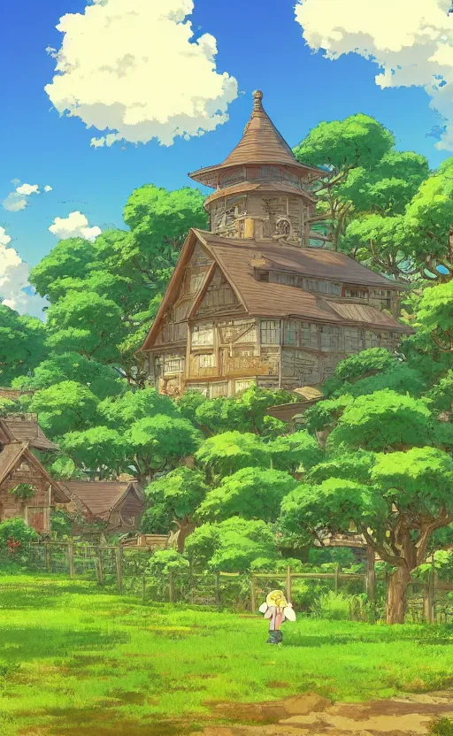 Image similar to anime screenshot wide-shot landscape with house in the apple garden, beautiful ambiance, golden hour, studio ghibli style, by hayao miyazaki, sharp focus, highly detailed,