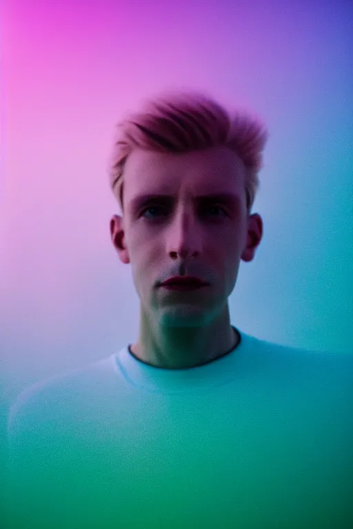 Prompt: high quality pastel coloured film wide angle selfie photograph of a plain male cyber boy standing in an icelandic black rock environment. sarcastic expression. three point light. photographic. art directed. pastel colours. volumetric light. stark. waves glitch. 8 k. filmic.