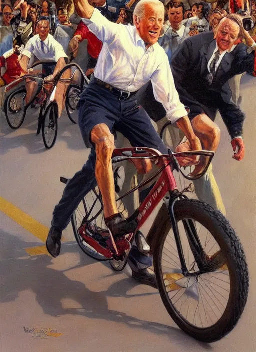 Image similar to joe biden falling off his bicycle, pulp art oil painting by mort kunstler and wilson mclean, intricate, hyper detailed, 4 k, hd, award winning, photorealistic