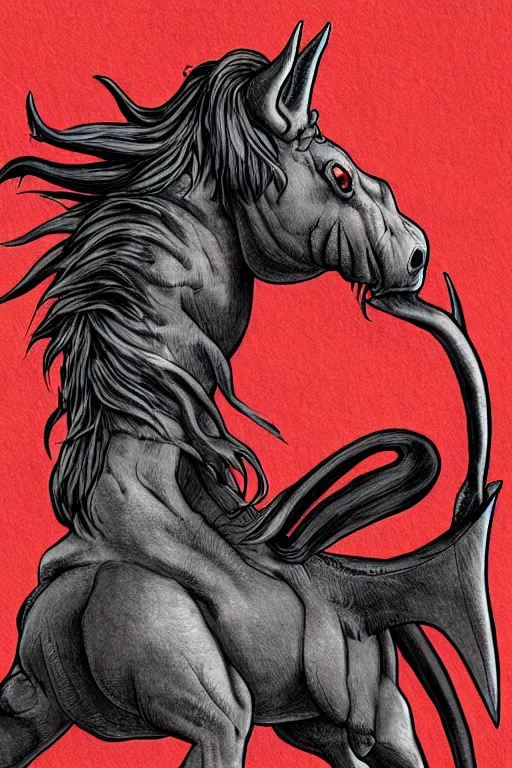 Image similar to demon horse with a narwhal horn, symmetrical, highly detailed, digital art, sharp focus, trending on art station, kentaro miura manga art style