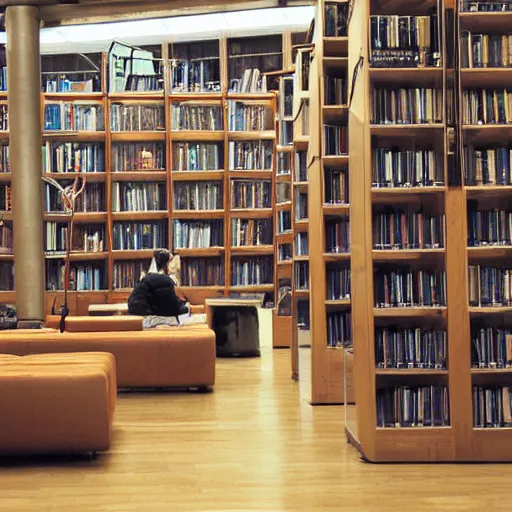 Prompt: a warm coffee in a library, photograph