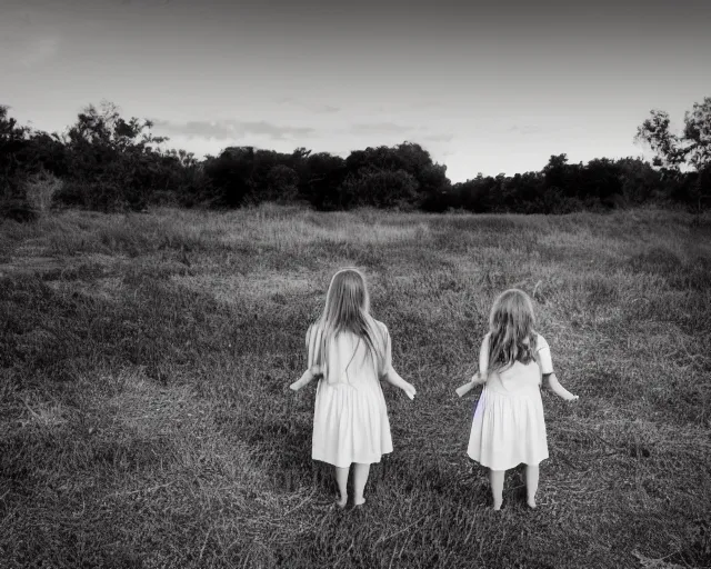 Image similar to Twin girls at iron gate at sunset - black and white photo