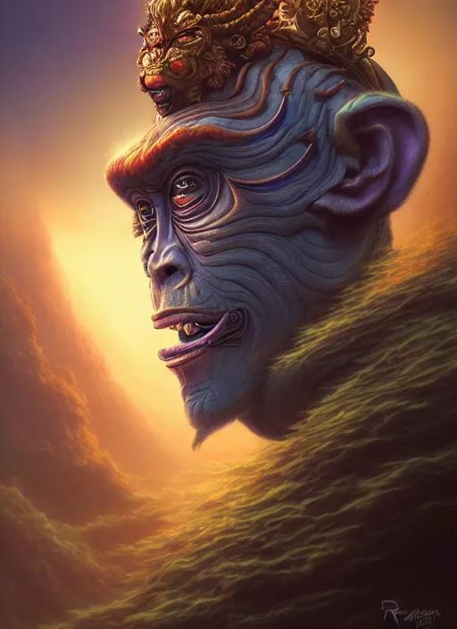 Image similar to the monkey king, in the style of tomasz alen kopera and fenghua zhong and peter mohrbacher, mystical colors, rim light, beautiful lighting, 8 k, stunning scene, raytracing, octane, trending on artstation