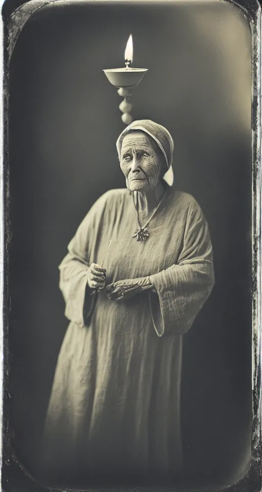 Image similar to a wet plate photograph, a portrait of a wise old woman holding a lit incense candle