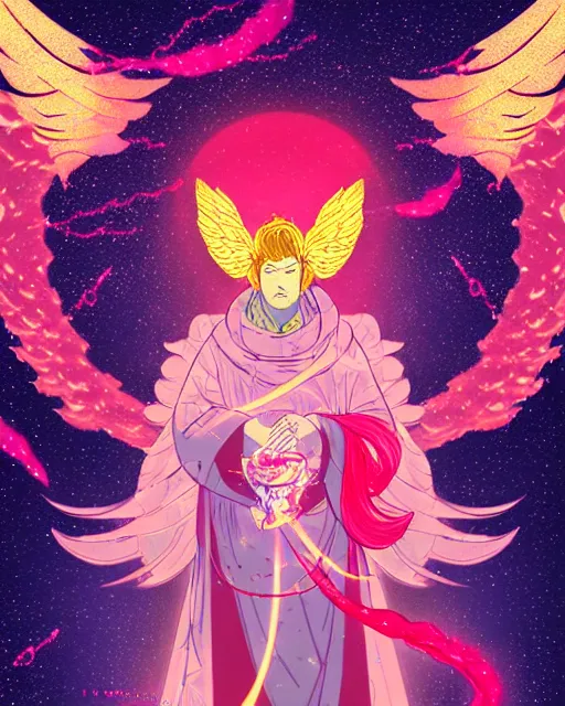 Prompt: a character portrait of a male angel with golden fiery wings, surrounded by spiriling sparkling rose crystals and galaxies, hyper light drifter, ukiyo - e trending on artstation