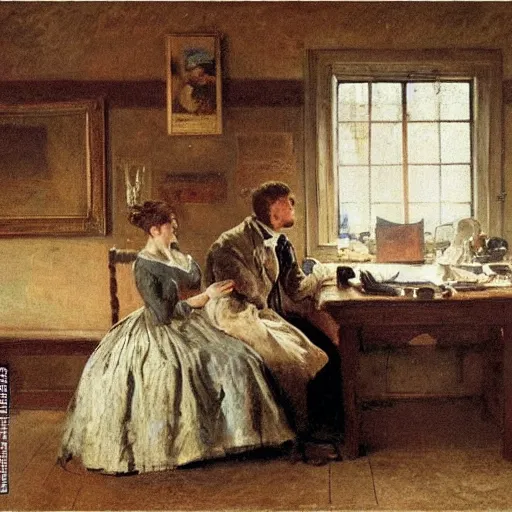 Image similar to a man and a woman solving an escape room puzzle alfred stevens