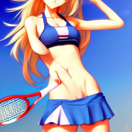 Image similar to a very beautiful young mature anime tennis girl, full body, long wavy blond hair, sky blue eyes, full round face, short smile, bikini, miniskirt, highly detailed, cinematic wallpaper by stanley artgerm lau