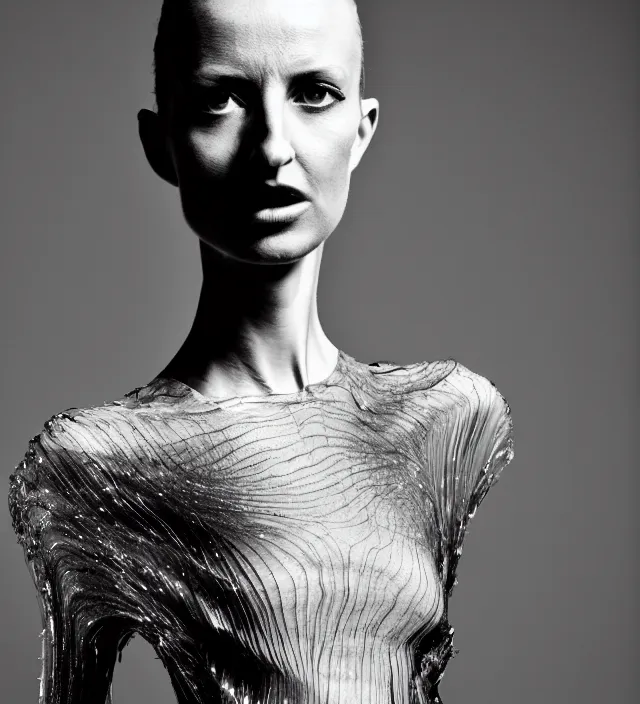 Image similar to photography portrait of one female fashion model wearing fluid sophisticated dress by iris - van - herpen