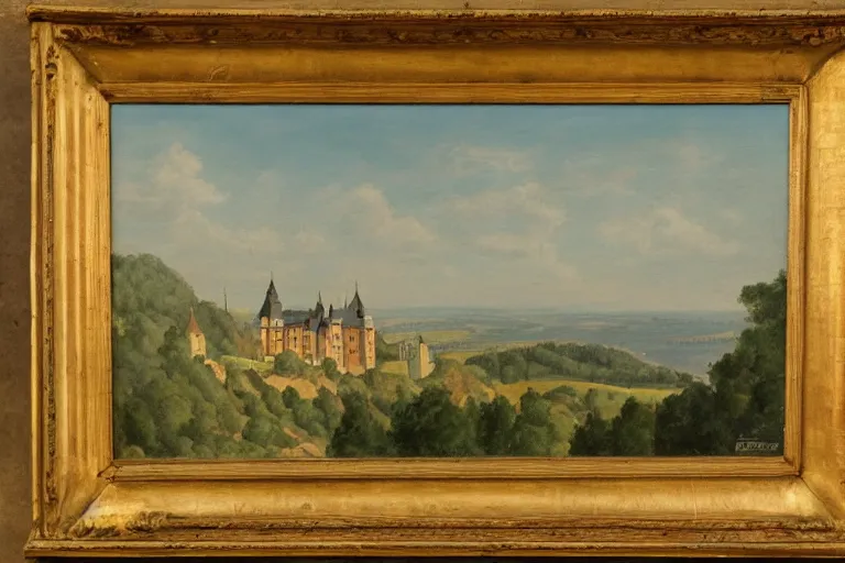 Image similar to a painting of a german castle on the cliff