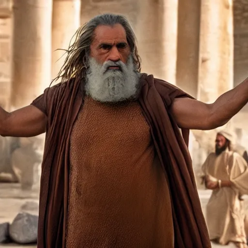 Image similar to Mediterranean man as Moses in a movie directed by Christopher Nolan, movie still frame, promotional image, imax 70 mm footage