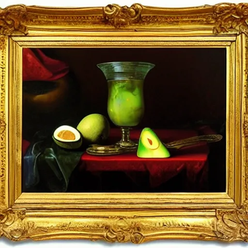 Image similar to still life with avocado toast, golden chalice, flies, velvet, 1 0 0 dollar bills, by willem claesz heda