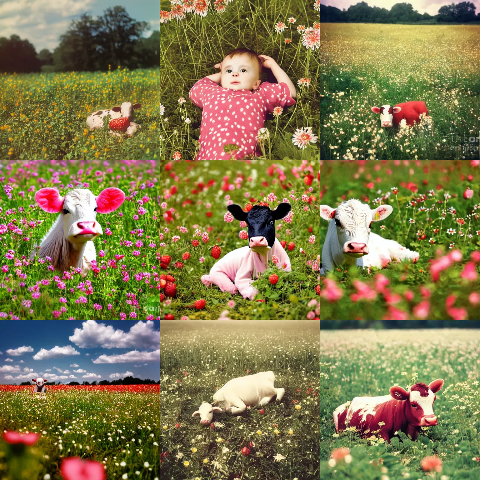 Prompt: cute baby strawberry cow laying in a field of wildflowers on a soft sunny day, vintage film photograph