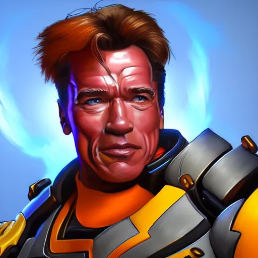 Image similar to a screenshot of arnold schwarzenegger as tracer in overwatch, portrait, fantasy, beautiful face, vivid colors, elegant, concept art, sharp focus, digital art, hyper - realistic, 4 k, unreal engine, highly detailed, hd, dramatic lighting by brom, trending on artstation