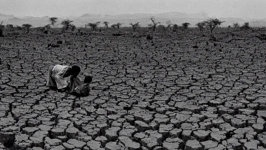 Prompt: 1 9 8 4 famine and drought in ethiopia, new york times, wide - angle, dark, moody, 8 k