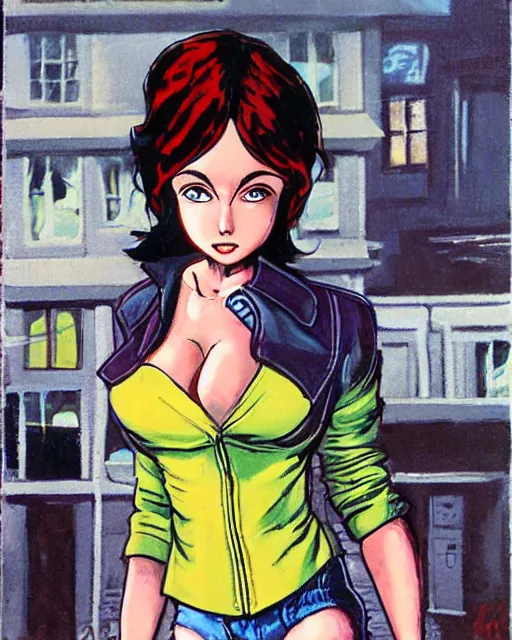 Image similar to young female protagonist in leather jacket, city street, artwork by ralph bakshi