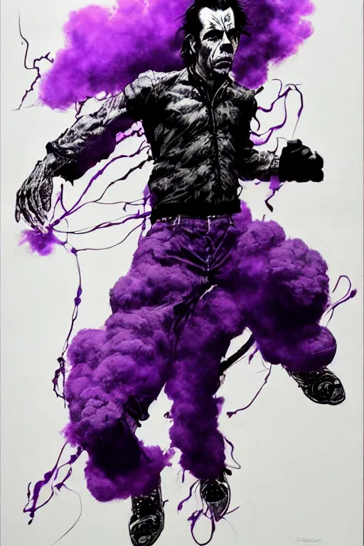 Prompt: full body portrait of nick cave with a lot of purple smoke coming out of his mouth, concept art, sumi - e style, intricate linework, artstation, trending, highly detailed, smooth, focus, art by yoji shinkawa and glenn fabry,