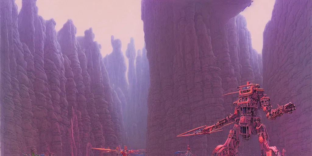 Image similar to grainy risograph matte painting of gigantic huge mech with huge swords, pastel matte colors, staying in the toxic canyon, filled with exotic animals on tall legs, by moebius, hyperrealism, intricate detailed