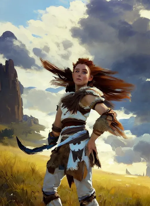 Prompt: portrait of a caucasian Aloy from Horizon Zero Dawn in white clothes, countryside, calm, fantasy character portrait, dynamic pose, above view, sunny day, clouds in the sky, artwork by Jeremy Lipkin and Giuseppe Dangelico Pino and Michael Garmash and Rob Rey and Greg Manchess, very coherent asymmetrical artwork, sharp edges, perfect face, simple form, 100mm