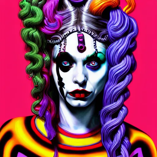 Prompt: an extremely psychedelic portrait of medusa as harleyquinn, surreal, lsd, face, detailed, intricate, elegant, lithe, highly detailed, digital painting, artstation, concept art, smooth, sharp focus, illustration