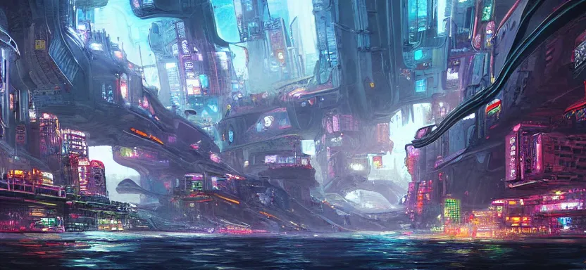 Image similar to beautiful masterpiece painting of a futuristic city under the sea, cyberpunk, by juan ortiz 8k,