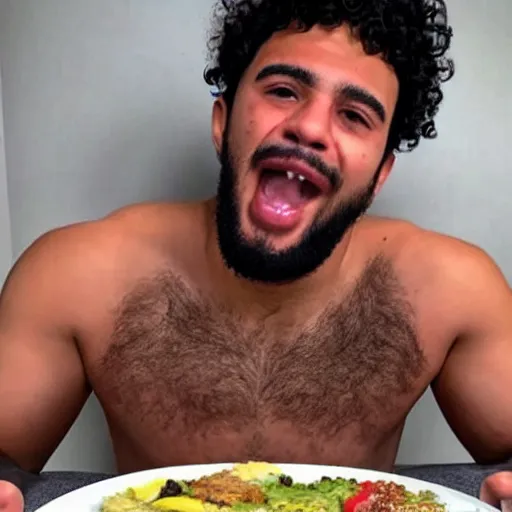 Image similar to curly haired mixed Hispanic with the biggest underbite looks in awe at a gigantic feast in front of him