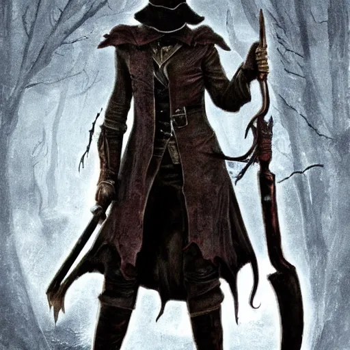 Prompt: elizabeth olson as a bloodborne hunter, in the style of bloodborne