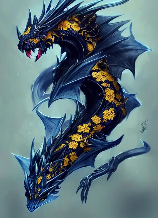 Image similar to cute black dragon, cute dragon, blue and gold, flowers, skulls, cool, highly detailed, artgerm, cushart krenz, artstation, soft light, sharp focus, illustration, character design, concept art