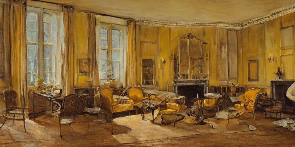 Image similar to brown cat with yellow eyes is sitting at sofa in a draw room at paris in early 2 0 th century. big room, high ceiling, high windows, atmospheric feeling, warm colours, brown colours, yellow colours, epic scene, cinematic, very detailed, hyperrealistic painting style