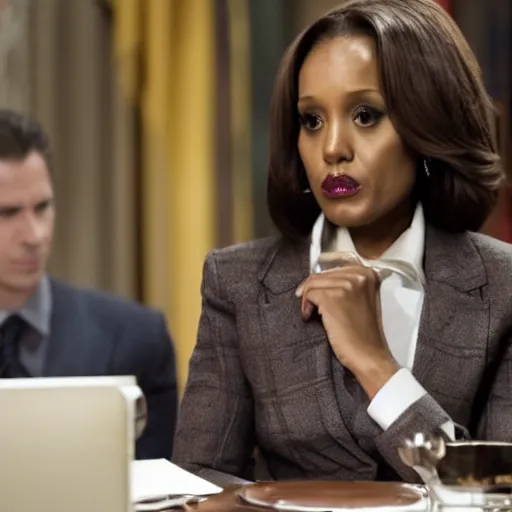 Prompt: still from the tv show scandal, 4 k resolution, olivia pope negotiating with the joker