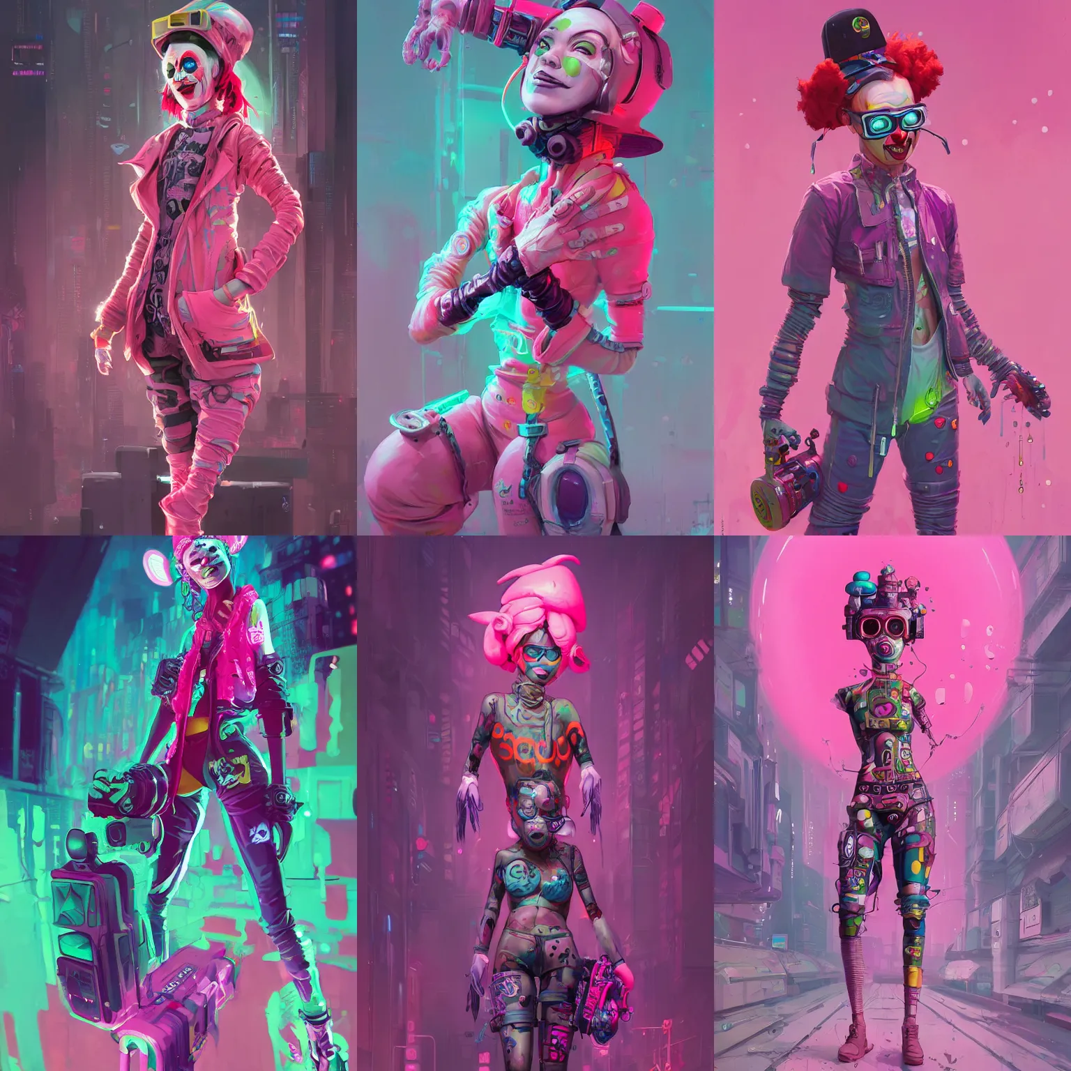 Prompt: wide view cyberpunk clown girl made of pink slime, cartoon, wearing cyberpunk intricate streetwear, transparent, behance hd artstation by jesper ejsing by rhads, makoto shinkai and lois van baarle, ilya kuvshinov, ossdraws, cinematic lighting, sharp focus