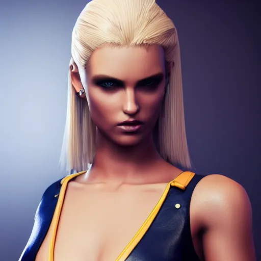 Image similar to beautiful blonde model, 2 arms, tight navy-blue leather outfit, full body and face and head, photorealistic, extreme detail, octane render, artstation, unreal engine, mortal kombat