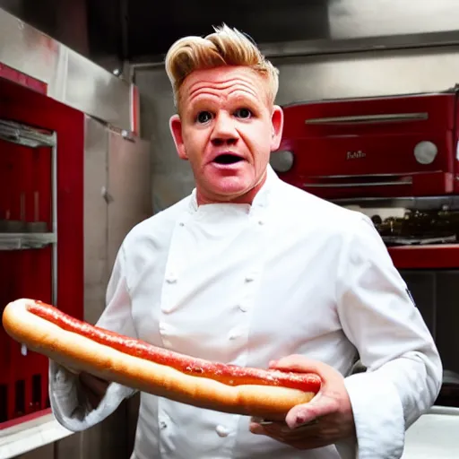 Image similar to a film still of gordon ramsay selling hotdogs in a new movie, 4 k