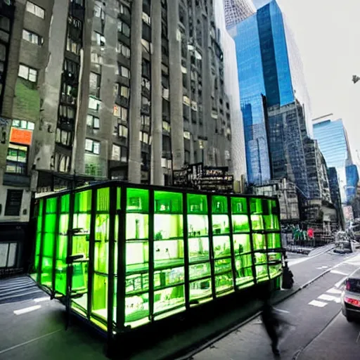 Image similar to green refrigerator flying, floating, hovering above new york city