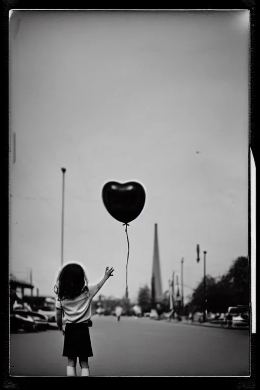 Image similar to photo polaroid of a sad and lonely child in the middle of a street holds the string of a balloon in front of him a Ferris wheel of a funfair, loneliness, black and white ,photorealistic, 35mm film,