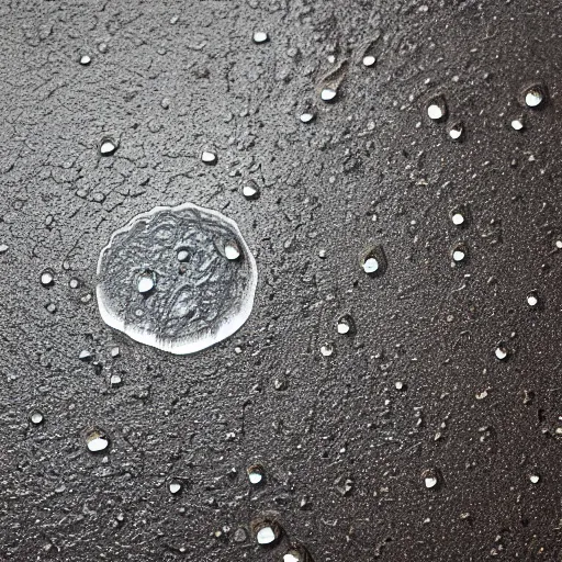 Prompt: closeup photo of raindrop hitting pavement, hyperdetailed, 8 k, high resolution.