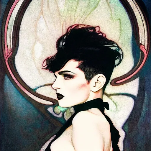 Image similar to handsome portrait of androgynous ruby rose as desire from sandman in a white tuxedo!!!, rockabilly style,, by alphonse mucha, by jeremy mann, by peter lindbergh, dave mckean, by frank moth, white suit and black tie, soft lightning, high detailed, 8 k