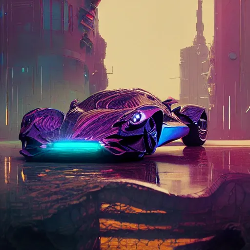Image similar to cyborg slick colorful supercar : by michal karcz, daniel merriam, victo ngai and guillermo del toro : ornate, dynamic, particulate, intricate, elegant, highly detailed, centered, artstation, smooth, sharp focus, octane render