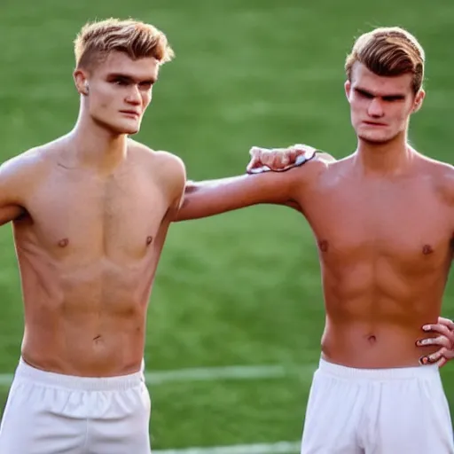 Image similar to a realistic detailed photo of a guy who is an attractive humanoid who is half robot and half humanoid, who is a male android, soccer players martin ødegaard & timo werner, shiny skin, posing like a statue, blank stare, in a factory, on display, showing off his muscles, gold soccer shorts, side view, looking at each other mindlessly