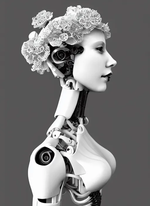 Image similar to black and white dreamy profile face portrait, biomechanical beautiful angelic young female cyborg - robot - doll bust, body ribs meshes, volumetric light, hibiscus flowers, rim light, big gothic fashion pearl embroidered collar, 1 9 3 0, 8 k